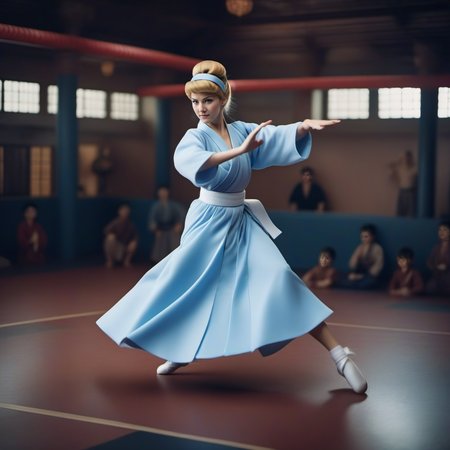 cinematic photo cinematic photo a full body agressive cinderella is a karate fighter in a dojo doing a highkick  <lora:Cinderella1024:0.8> . 35mm photograph, film, bokeh, professional, 4k, highly detailed . 35mm photograph, film, bokeh, professional, 4k, highly detailed