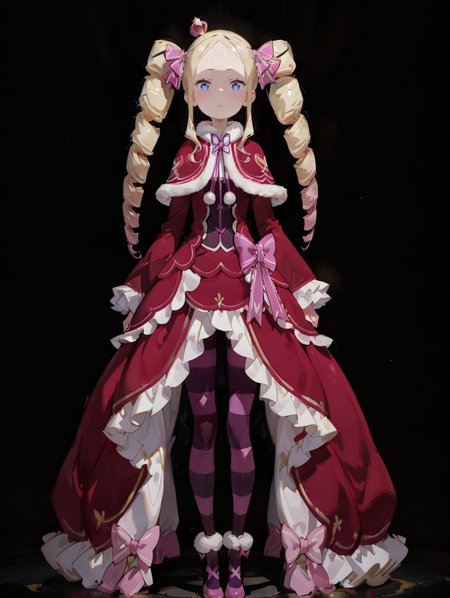 perfect quality,high quality,masterpiece,best quality,amazing quality,very aesthetic,absurdres,Cinematic Lighting,newest,Tactical use of shadow,
front view,full_shot,Confused expression,
BeatriceCYQL,1girl,solo,blonde hair,drill hair,long hair,twintails,twin drills,sidelocks,ribbon,hair ribbon,blue eyes,symbol-shaped pupils,crown,mini crown,dress,capelet,red capelet,fur-trimmed capelet,fur trim,pantyhose,striped pantyhose,striped,long sleeves,frills,frilled sleeves,red dress,frilled dress,shoes,pink footwear,bow,wide sleeves,
full body,standing,arms_behind_head,,
black  background,simple background,
<lora:spo_sdxl_10ep_4k-data_lora_webui:0.5>,<lora:illustrious_all_rated_v1:0.6>,<lora:748cmSDXL:0.8>,748cmstyle,<lora:DarkerThanBlackIllustrious:0.5>,<lora:EtherSDXL:0.5>,EtherStyle,,<lora:BeatriceCYQL:1>,