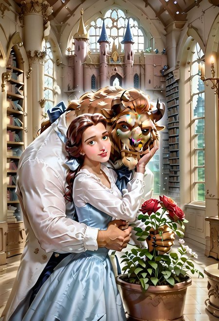 score_9, score_8_up, score_7_up, score_6_up, Belle, blue dress, white shirt, white long sleeves, long hair, ponytail, bow, 1girl, small breasts, stiff breasts, hourglass figure, lustful gaze, looking at the viewer, square neckline, background of large library, inside a castle, standing in the center of the castle library, hugging TheBeast, abandoned castle, castle covered in dust, face turned towards TheBeast, Thebeast dressed as a prince, holding flowers, holding a large dark red rose,