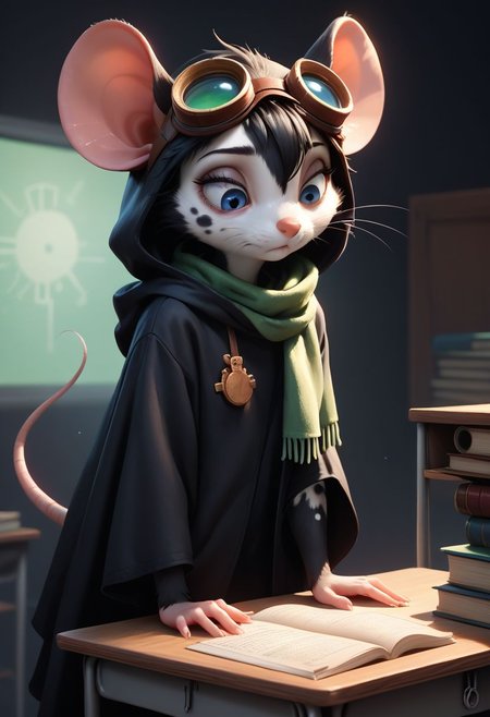 score_9, score_8_up, score_7_up, masterpiece, line art, portrait, anime, detailed, <lora:Expressive_H:0.45> Expressiveh,	detailed background, concept art, source_anime, dark theme, low light, solo, anthro mouse girl, tiny, bags under eyes, mouse tail, cute, blue eyes, tired, lidded eyes, looking down, leaning over, hooded, green scarf, goggles, laboratory background, thinking expression, black cloak, white spots, black fur, bottomless, hands on desk, standing, messy work desk, books,