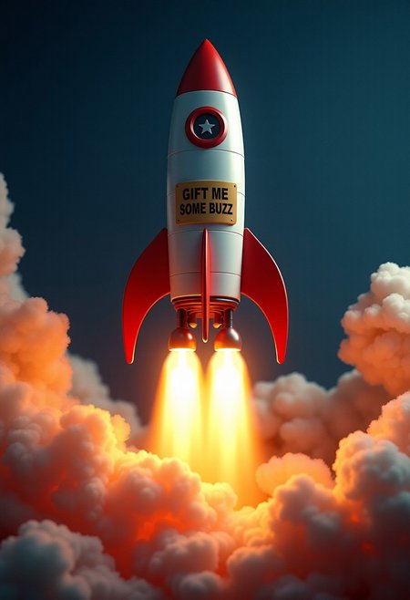 Show a rocket launching in to space with huge flames an a lot of smoke behind it, the rocket carries a sign with 'GIFT ME SOME BUZZ' on it