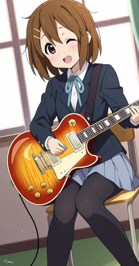 hirasawa yui, 1girl, solo, looking at viewer, blush, smile, open mouth, short hair, shirt, skirt, brown hair, long sleeves, hair ornament, holding, ribbon, hair between eyes, sitting, brown eyes, jacket, school uniform, white shirt, pantyhose, pleated skirt, one eye closed, collared shirt, indoors, artist name, hairclip, signature, black jacket, blue skirt, black pantyhose, window, neck ribbon, chair, blue jacket, blazer, blue ribbon, ;d, instrument, grey skirt, backlighting, knees together feet apart, music, winter uniform, guitar, holding instrument, sakuragaoka high school uniform, playing instrument, electric guitar, plectrum, gibson les paul, holding plectrum,
upper body,
rating safe, alice99narumi,
masterpiece, best quality, amazing quality, highres, newest,  <lora:alice99narumi_v2:1.0>