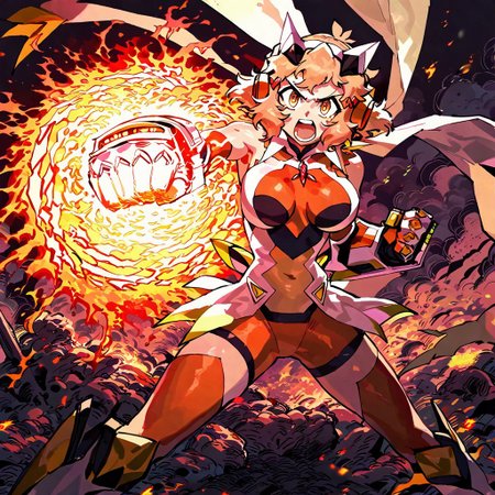 optical illusion, ssambatea, quasarcake, 
 tachibana_hibiki_(symphogear), senki_zesshou_symphogear,1girl ,bodysuit ,breasts ,brown_hair ,clenched_hand, embers ,gauntlets, headgear, large_breasts ,looking_at_viewer ,navel ,open_mouth, punching ,rubble ,short_hair, smoke, solo ,spread_legs ,teeth ,upper_teeth_only ,yellow_eyes,
blood orange style,
masterpiece, best quality, amazing quality, very aesthetic, absurdres, newest,