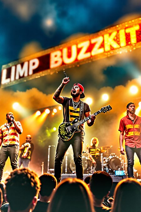 cinematic photo zoomed out, wide angle, f/stop 12.4, full framed image, entire stage in frame, all musicians aer in frame, a photo realistic, hyper detailed, finely detailed hair and skin textures, photorealistic, beautifully captured, shot on a Nikon Z9 mirrorless camera, hyper lifelike, insanely real looking, professionally shot and edited photo, a professional concert photo of the 1990s band Limp Bizkit on stage performing for a summer outdoor festival, but they're all dressed like bumblebees, Wes Borland as a bumblebee, Fred Durst as a bumblebee, Limp Bizkit as bumblebeesand the banner above the huge festival stage they're playing on says "LIMP BUZZKIT" and the singer has a backwards red fitted hat on and he has a speech bubble coming out of the top of his head that says "...i wish i could buzz ya body....", highly detailed, highly accurate text, perfectly generated text, <lora:aidmaTextImproverv0.3:0.3>, <lora:fluxenhancer:0.6>, <lora:fluxAugments_v3_rank64_bf16:0.5>, <lora:Think_Understand_Text:0.7>, detailed skin texture, (blush:0.5), (goosebumps:0.5), subsurface scattering, decorative, highly detailed, elaborate, ornate, intricate . 35mm photograph, film, bokeh, professional, 4k, highly detailed