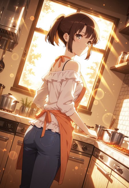 (solo), 1girl, m3gum1kat0, bangs, brown hair,pupils,brown eyes,short hair, ponytail,((detailed eyes)),

dutch angle, cinematic framing, (digital painting:0.8), (aura:0.2), MythAn1m3, bokeh, (luminescent background:0.8), 

elegant, masterpiece, best quality, highly detailed, high contrast, dramatic shadows, raytracing, subsurface scattering,

standing, kitchen setting, cozy kitchen, looking back, wearing apron, off-shoulder blouse, slim-fit jeans with slight back cutout, warm sunlight streaming through the window, rustic shelves filled with spices and herbs, soft and detailed anime style, relaxed and inviting atmospher,looking at viewer,
