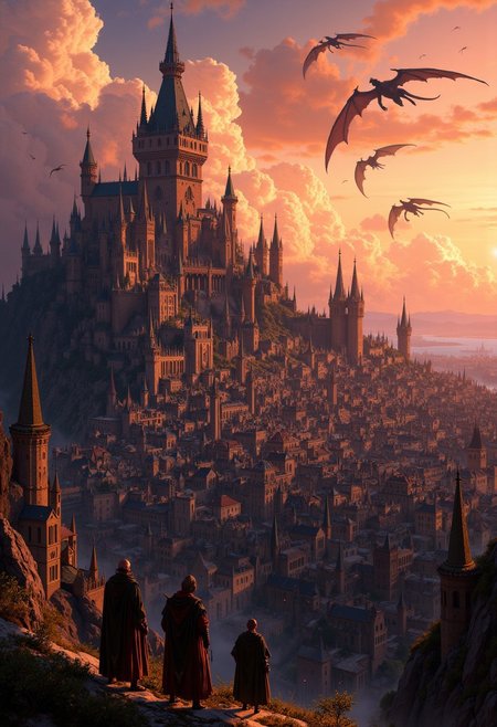 a medieval-style cityscape at sunset. The layout features a sprawling city with a large, ornate castle on the left, characterized by multiple spires and turrets. The city is densely packed with rustic buildings, their rooftops varying in height and style, creating a complex, layered appearance. In the foreground, three figures in cloaks stand on a rocky outcrop, observing the scene. The sky is filled with warm hues of orange and pink, casting a dramatic light over the landscape. Several dragon-like creatures soar through the sky, adding a sense of fantasy and adventure. The overall atmosphere is mystical and immersive, capturing the essence of a fantastical world.