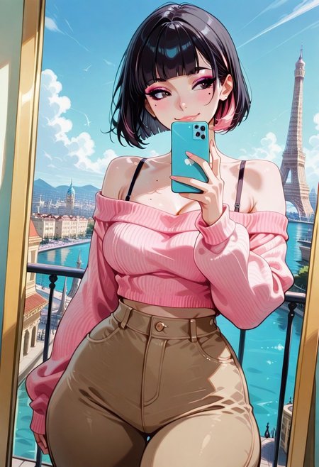 masterpiece, best quality, 32k, high resolution, absurdres, 1girl,Sarah, SarahRH, short black hair, bob cut, straight hair, blunt bangs, dyed bangs (pink), (pink) streaked hair, dark eyes, cute face, beautiful lips, medium breasts, curvy, large hips, pale skin, mole under her eye, moles on her body, makeup, off shoulder sweater, ((Pink-cyan) gradient sweater) , black bra strap, brown pants, posing, sunny, Paris, eifel tower on background, selfie,