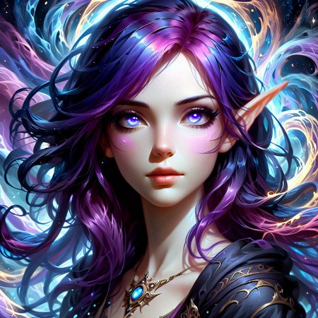 a sorceress with purple hair and blue eyes, magical, ethereal, swirls of magic