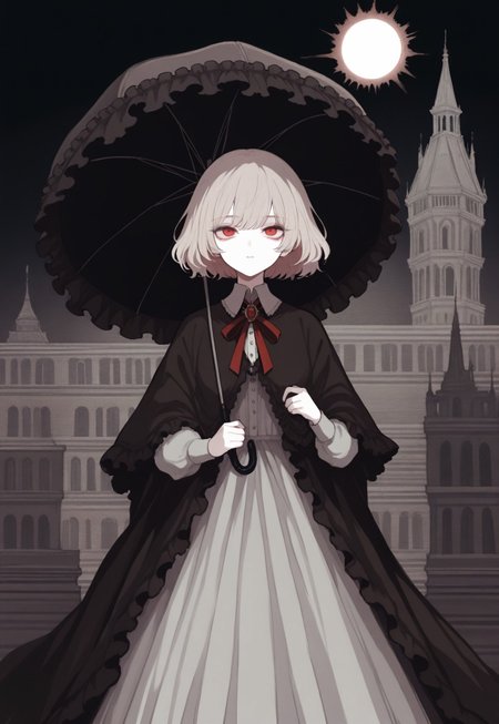 solo, cinematic, abstract, portrait, 

vintage gothic style, harsh brush strokes, melancholic, 

night, sun, Gothic castle background, 

holding_parasol, frilled parasol, (hidding behind parasol:1.2), 

1girl, red eyes, ash white short hair,gray long dress, black shawl, neck_ribbon, red ribbon, emerald neck_brooch, 

masterpiece, best quality, amazing quality, very aesthetic, absurdres, 

masterpiece,best quality,amazing quality, detailed, 
