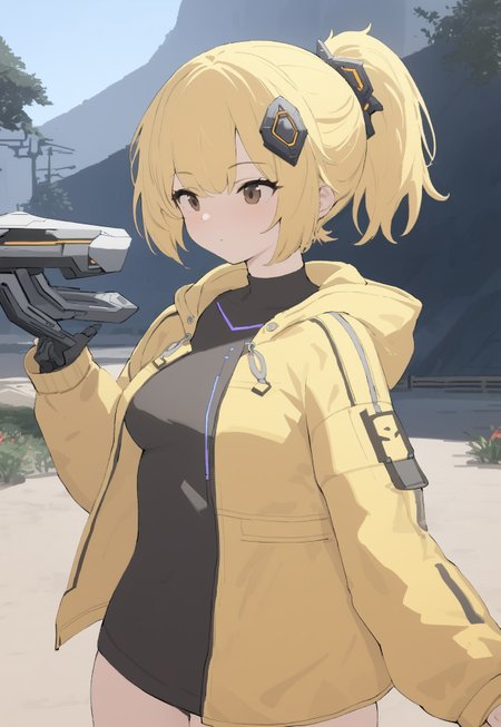 masterpiece, best quality, V4NGU4RD, 1girl, blonde hair, ponytail, jacket, short hair, brown eyes, science fiction, hood, hood down, open clothes, Vanguard Jacket, hair ornament, vanguard jacket of casting, yellow jacket, outdoors