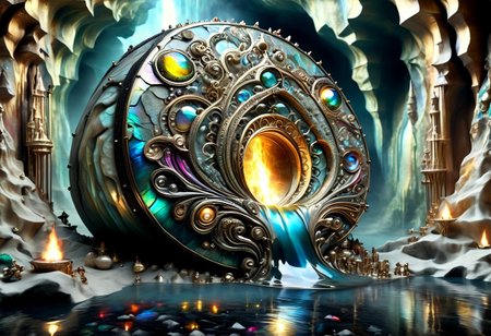 Iridescent Damascus, photorealistic, film grain, color graded cinematic, eye catching, atmospheric lighting, highly detailed, deep depth of field, wide angle, a vast cavern, surreal, soft organic shapes, natural formation,smoothed by time and water, a (vast space:1.9) opening before the viewer,  an underground lake, crystal clear water, irregular shape formed by millenia of flowing water, reflecting torchlight, crystals in the rock walls glint in the (colours of the rainbow:1.6), intricately patterned with (labradorite:1.8) and moonstone, contrasted with (black granite:2.0), soft rounded shaped rock inviting to sit down near a fire pit, (surreal:1.8), Dalí, Magritte