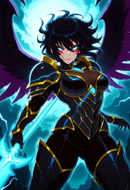 masterpiece, best quality, medium breasts, curvy, 
(dynamic pose, foreshortening), 
zzFierce, facial mark, armor, alternate hair color, alternate costume, alternate eye color, dark persona,
1girl, gothic valkyrie, dark winged armor, long black hair, glowing spear, stormy sky, intense gaze, wings spread wide, battle-ready, mystical lightning strikes in background, runesword, blue theme,