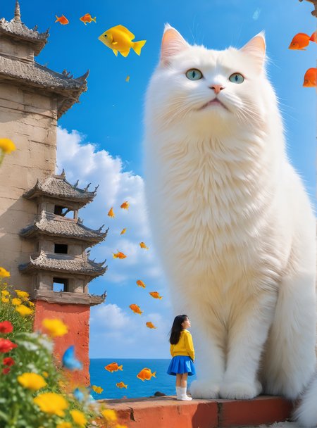 <lora:white cat è¿æV1.0-0008:0.9>,large white cat,a young girl,Sunlight is shining into the sea. There is a gorgeous dragon palace at the bottom of the sea,and the details are clear. Colorful fish are swimming around,, (masterpiece, best quality, highres:1.2),