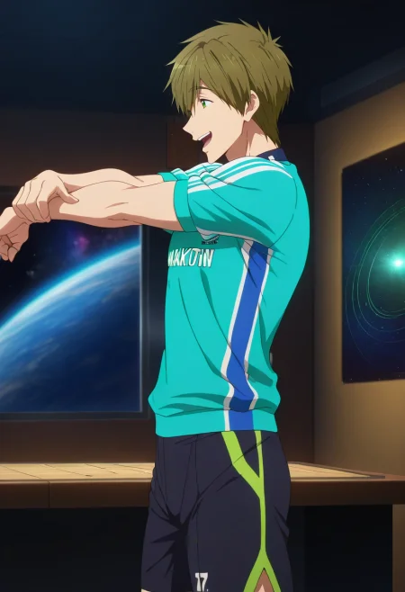 masterpiece, best quality, , anime screencap, anime coloring, , , 1boy, solo, male focus, <lora:makoto_tachibana_ilxl:1>, makoto_tachibana, brown hair, green eyes, hair between eyes, tachibana makoto, profile, space, planets, indoors, dark, stretching, laughing, Tailored board shorts, Herringbone Sports jersey, , , and