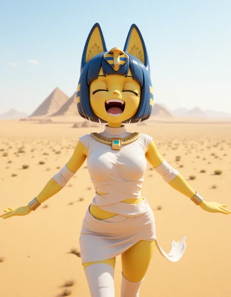 3d CGI Style in a wide shot. Looking at viewer, outdoors in daylight, explicit
She is a 25 year old mature woman, and adult, Ecstatic with eyes squeezed shut, mouth wide in laughter, and arms flung out in joy. 
<lora:Animal_Crossing_-_Ankah_V2_000030:1> she is an  egyptian woman with yellow skin, with cat ears. Blue hair in a bob cut with blunt bangs, she is a furry female with a cat tail. Wearing a
White shirt designed to resemble mummy bandages, wrapping around the torso for a classic Egyptian undead look.â
A woman stands at the edge of a vast desert, the wind sweeping up sand around her feet as she gazes out over the endless, barren landscape.