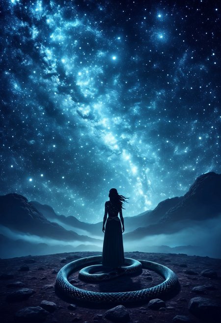 the sacred aboriginal snake-woman goddess, her body made of a million stars coiled in the night sky as an immense representation of an incandescent snake, depth of field, soft tones, mist mysteries, star field, milyk way, dreamlike space scenery, orobouros,