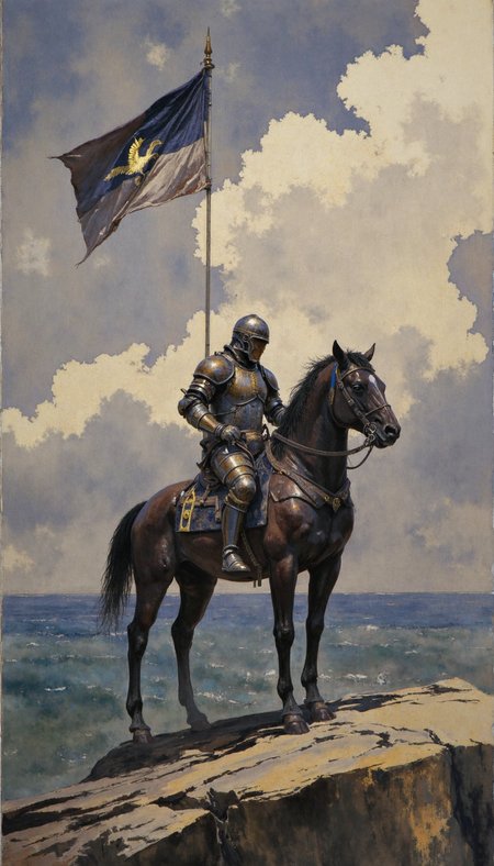GLOW,intricate tetradic colors in every details,watercolor painting,FLUORESCENT,Rhizocarpon geographicum texture,gold dust, A knight in burnished armor, atop a destrier draped in lamellar barding, stands sentinel on a precipice overlooking a tempestuous sea. The flag, emblazoned with a swan argent, flutters in the gale.  Emphasize the knight's stoic vigil against the dramatic, cloud-laden sky. Render in a painterly impasto style, utilizing a chiaroscuro palette with cerulean and umber tones. The scene is a wide shot, captured from a low angle to accentuate the knight's commanding presence against the vastness of the sea and sky. Include details like the salt-sprayed cliff face and the glint of sunlight on armor.