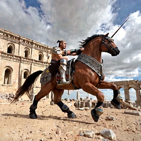 "Elven warrior riding a mech-steed through a battlefield filled with starships and ancient ruins"
A striking contrast between traditional elven magic and advanced technology, with a warrior mounted on a mechanical horse, fighting amidst the chaos of war.