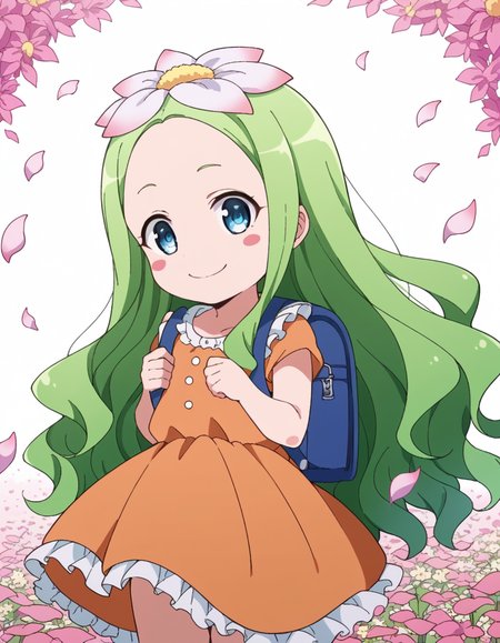 score_9, score_8_up, score_7_up, source_anime, <lora:celine-darkness-ponyxl-lora-nochekaiser:1>, celine, long hair, blue eyes, hair ornament, flower, green hair, hair flower, wavy hair, blush stickers,, dress, backpack, orange dress, frills,, flower field, colorful, petals, scent, bloom, , smile, looking at viewer, solo,, dutch angle, cowboy shot