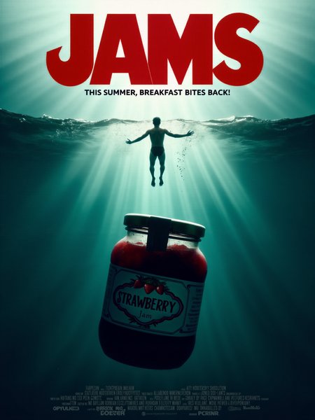 the title text "JAMS" in bold, oversized red text, covers the top of the image, the tagline text "This summer, breakfast bites back!" is arranged with the movie credits at the bottom, the image shows a detailed movie poster in the style of the iconic 1975 jaws film poster, a large jar of jam emerges ominously from the ocean depths toward the surface, where a lone swimmer floats unaware in the top portion of the image, the vast ocean stretches endlessly with a dark, threatening tone as the jam jar rises with intent, its label showing an innocuous text "STRAWBERRY" logo, the swimmer, positioned in the top center, is lit by soft sunlight filtering through the water, with ripples creating shadows on their skin, the jam jar, rising from the murky blue ocean, takes up most of the bottom half of the image, its glass gleaming with reflected light, the shadow of the jar casts a dark outline on the water, adding a sense of scale and menace, tiny bubbles trail the jar as it ascends, the swimmerâs arms are outstretched in a leisurely backstroke, unaware of the danger below, while the giant jar of jam rises quickly toward them, the perspective is a wide vertical shot from a low angle below the surface, looking up at both the jar and the swimmer, the swimmer is centered high in the frame, while the jar looms menacingly from the depths below, creating a sense of impending danger, the scene is lit with soft, natural light near the waterâs surface, fading into darker, more ominous tones as the image descends, the light reflects off the glass of the jam jar, giving it an eerie glow that contrasts with the swimmerâs soft, sunlit form, underwater shadows add depth and tension to the scene, giving it an uncanny sense of scale, shot in a vertical, cinematic format reminiscent of iconic 1970s film posters, exaggerated proportions to create both tension and humor, <lora:image_enhancer-flux-by_dever:0.8>