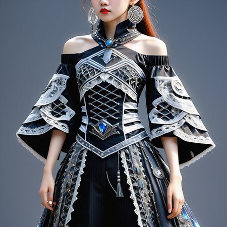 ((best quality)), ((masterpiece)), ((realistic,digital art)), (hyper detailed),DonMF43Dr4g0n upper body clothing, Off-Shoulder Neckline, Jersey, , Quantum Nanowire Data Transmission Lines, Three-Quarter Sleeves, Tea Length, Natural Waist,  Tassels,,Belt,,Resin Wash,,Back Darts,  , lower body clothing, Solar-powered Synthetic, ,  Oversized Fit, Empire Waist,  Lace Trims,,Detachable Train, Button Closure,,Drawstring Waist,,Utility Loops,,Distressed Details  , <lora:DonMF43Dr4g0nXL-000012:1>