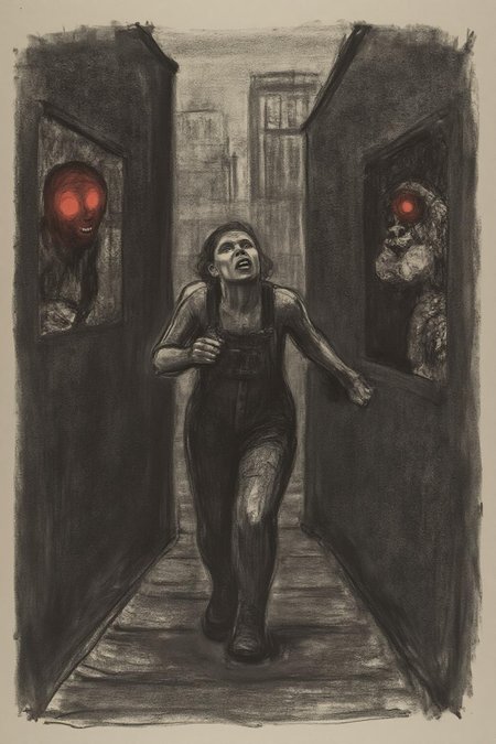 kako1 black and white charcoal drawing.  
A woman running down a dark alleyway between two crumbling high-rise buildings, with a holographic display of her pursuers on the walls and a strange creature with glowing red eyes lurking in the shadows, in a neon-lit cityscape that feels like a dystopian nightmare. She's dressed in tattered overalls and has a pistol at her side.  She is shouting angrily.  <lora:kako1_litho_nocap_d6a3:1.0><lora:814769061704535193:0>