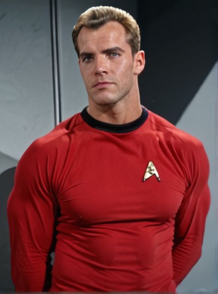 Handsome, masculine, blonde, star trek, red shirt, muscle,  tall, tight shirt, wide pectorals, big shoulders, wide shoulders, muscular neck, German, stunf, star trek uniform,