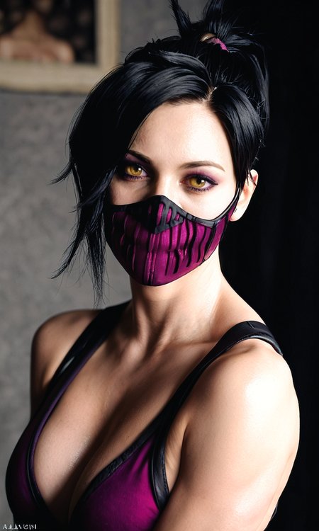 score_9, score_8_up, score_7_up, BREAK, zy_mileena, 1girl, black hair, yellow eyes, mouth mask, dark room, realistic, photo, real hair, detailed skin, highly detailed, detailed skin, depth of field, film grain, <lora:zy_Mileena_PonyRealism_v1:.7>