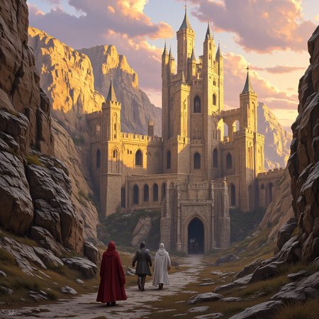 digital painting depicting a fantastical medieval scene. The image showcases a grand, castle-like structure with multiple turrets and spires, bathed in warm, golden hues of the setting sun. The castle is constructed of stone with intricate details, including arched windows and balconies. The structure is set against a dramatic, rocky backdrop, with rugged, earthy tones of browns and oranges dominating the landscape., 
In the foreground, three figures, dressed in medieval armor, are walking towards the castle. The figure on the left is wearing a red cloak, while the other two are wearing white and gray armor. The ground is a mix of dirt and stone, with scattered patches of grass and shrubs. The light from the setting sun casts long, dramatic shadows, adding depth and texture to the scene., 
The sky is a blend of soft pinks, purples, and oranges, with wispy clouds suggesting a serene yet epic atmosphere. The lighting and shadows create a sense of depth and realism, with the warm tones enhancing the mystical and magical ambiance of the scene. The overall style is a blend of realism and fantasy, with detailed textures and a painterly quality that brings the scene to life., <lora:aidmaImageUpraderv0.3:0.4>, aidmaimageupgrader, <lora:diffusion_pytorch_model:1>, <lora:aidmaMJ6.1v0.4:0.6>, aidmaMJ6.1, ultra quality, ultra detailed, intricate details