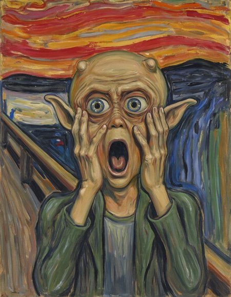 mac the alien in the scream painting by Edvard Munch, hands on the side of his face