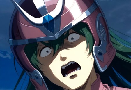 score_9, score_8_up, score_7_up, detailed background, cromartie, 1 boy, shade face, cromartie, anshun, pink sleeveless armor, long wavy green hair, pink helmet with two prongs and silver accents, (shocked:1.2), close up, (solo:1.0)