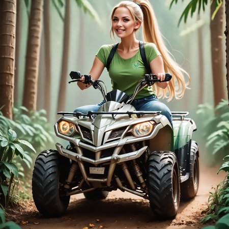 score_9, score_8_up, score_7_up, riqua (front view) , (slim 25yo female) riding a quad. green shirt and jeans shorts, sneakers , long blonde ponytail  <lora:RideQuadPony:1>