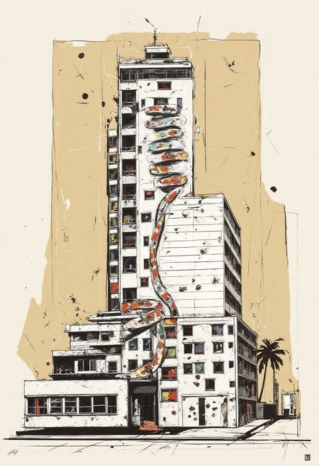 By Martin French. A digital illustration of a building with a sn4k3 design. the background is a simple, abstract design with beige and white colors.