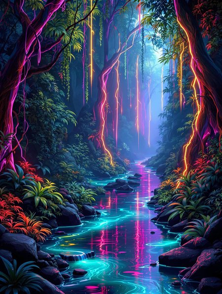 An abstract jungle with neon vines and flowing brushstroke rivers, ambient surreal lighting