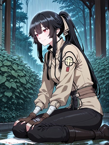 <lora:Jasmine_Flamesworth__The_Beginning_After_the_End__Illustrious:1>
1 girls, solo, red eyes, black hair, long hair, ponytail, bangs, hair between eyes, sidelocks, small breasts
brown jacket, greeb ribbon, fingerless gloves, long sleeves, black pants, black boots, bandages
score_9, score_8_up, score_7_up, very aesthetic, source_anime, detailed, high quality, beautiful, detailed eyes, masterpiece, best quality, absurdres, perfect anatomy, 1girl, solo, wariza, sitting, hands on own knees, garden background, charming smile, rain, <lora:iLLMythG0thicL1nes:1>