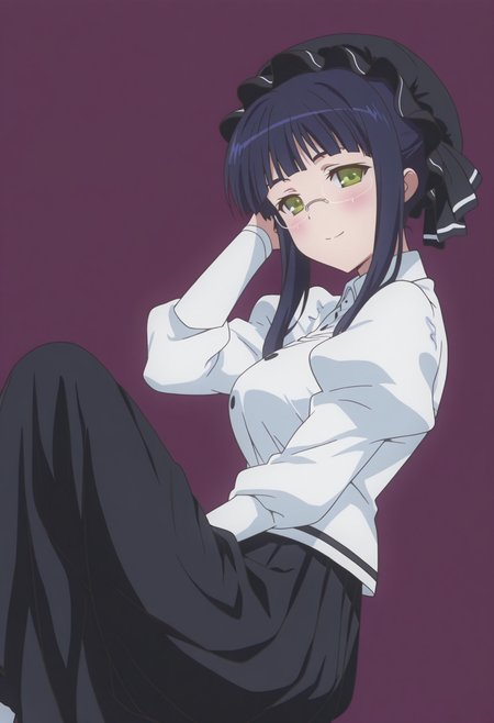 anime screencap, anime coloring,  <lora:DX888Mikan:1> mikan, green eyes, black hair, sidelocks BREAK simple background, purple  background,  BREAK  mob cap, glasses, white shirt, puffy sleeves, black skirt, long skirt, BREAK   1girl, smile, blush, closed mouth, feet out of frame, from side, hand in own hair, hand up, knee up, looking at viewer,  lying, on back, solo, from side,,