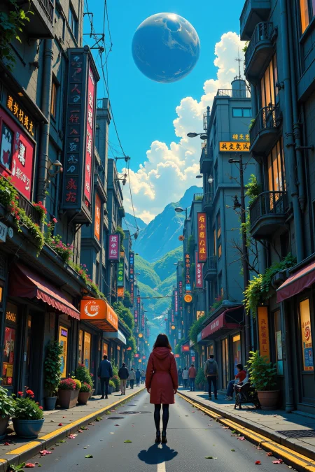 a cyberpunk futuristic street beautiful  landscape, morning, woman, very intricate, very detailed, sharp, bright, colorful, <lora:Hand v2:0.5> <lora:Anti-Blur:1><lora:Insane Detail Slider:0.25>  <lora:flux.1_lora_flyway_Epic-detail_v2:0.3> <lora:fluxenhancer:0.25> <lora:Anime_style:0.6> anime style