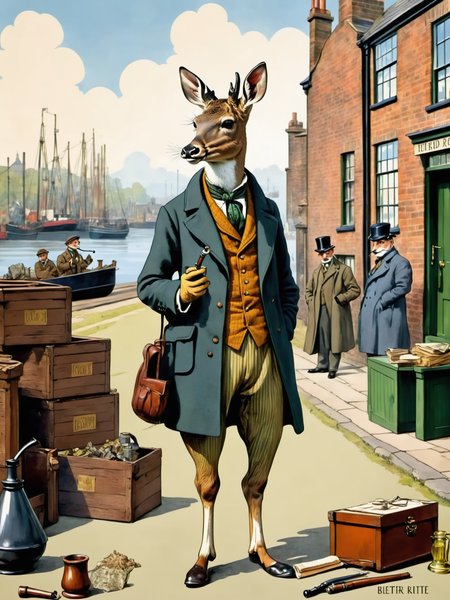colored illustration, bright, vivid colors, anthropomorphic Roe deer dressed sherlock holmes, traditional Inverness Cape, Deerstalker Hat tweed suit, and holding a smoking pipe 1890's clothes in beatrix potter whimsical style. investigating a crime scene on a sunny day at the Victorian docks, with cargo crates,, and the distant ships in the water. In front of a william morris background for kids. Joyful celebration of nature, post-impressionism, Cecil Aldin , detailed , Ultra High Quality, <lora:SDHK-XL:1>