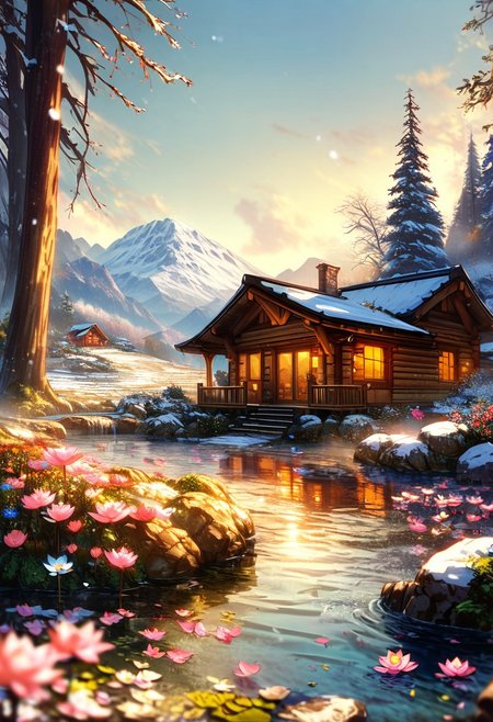 modern log cabin, stone garden, mountains in background, early winter, white and blue theme, detailed landscape, hills, pine forest, fantasy landscape, creek, blue and white flowers, blue sky, falling snow, waterfall cascade, cold mist, cgi, masterpiece, lotus pond, floating flowers, best quality, very aesthetic, absurdres, <lora:MJ52.safetensors:0.25:0.25> <lora:aidma-Image Upgrader-v0.1.safetensors:1.0:1.0> <lora:add-detail-xl.safetensors:1.0:1.0> <lora:gothic_oil_d4rk01lXLP.safetensors:0.6:0.6>