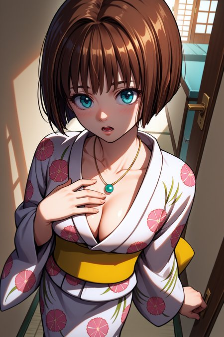 score_9, score_8_up, score_7_up, score_6_up, source_anime, 1girl, solo, <lora:minatsukisaya-pdxl-nvwls-v1-000004:1> s4ya, brown hair, bob cut, blue eyes, necklace, yukata, yellow sash, floral print, looking at viewer, cleavage, blush, open mouth, from above, hand on own chest, hallway