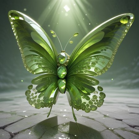 embedding:lazyup, butterfly made of hud_per1d0t_wrld, green gemstone, crystal, gem, shiny, fluttering in a crystalline greenhouse with translucent petals and rainbow light beams, delicate wings, macro details, soft focus <lora:hud_per1d0t_wrld_XLP:1.2000000000000002> <lora:TrendCraft_The_Peoples_Style_Detailer-v2.0A-3_13_2025-PonyXL:0.4000000000000001>