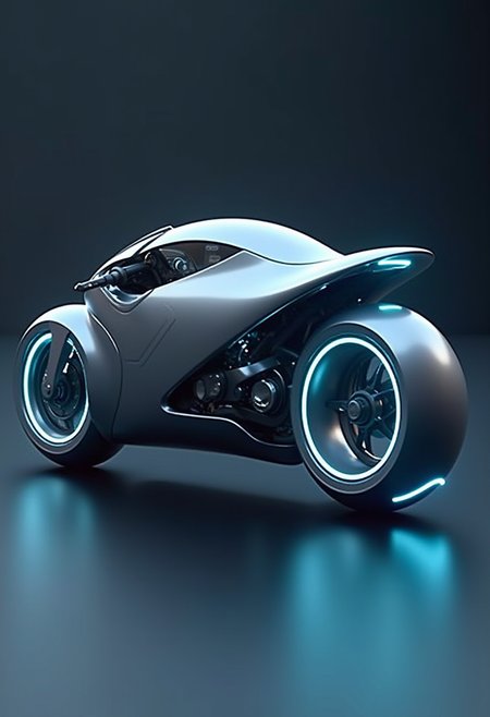 A sleek, futuristic motorcycle gleams with aerodynamic design. Its slender, silver body curves elegantly, with glowing blue accents tracing the frame. Retractable handlebars and a minimalist dashboard enhance the streamlined appearance. The bike's hubless wheels, adorned with glowing rims, seem to float, evoking weightlessness. Neon-lit, pulsing lines along the spine illuminate the vehicle's advanced technology, hinting at incredible speed and agility.