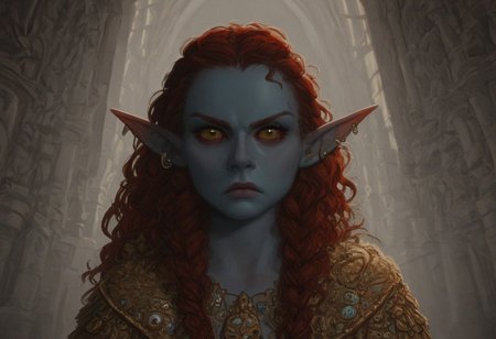 solo, short pointy ears, piercings, random elf face, aquiline features, female dark elf, brow rings, nose rings, beaded piercings, weathered skin, large nose, insect chitin armor, insect chitin helmet, insect chitin ornaments, stylized insect pattern, athletic build,  animated realism, zoomed out, Syrian features, torso, brass pipes and gears, intricate architecture, dwarven masonry, dwemer fixtures, white-green light, gloomy lighting, ancient ruins, interior, stone tiled floor, grey-blue skin, mahogany and ivory clothes, medium armor, bone plate armor, ivory straps and fittings, alien bone ornaments, grey wood neckguard, deep red sclera, black pupils, blue-green light, neon, highly detailed, defined features, looking at viewer, three quarters view, from above, dynamic lighting, 36 years old, light and shadows, patterned cloth, annoyed expression, expressive eyes, detailed medieval clothes, medium_breasts, very long hair, wavy hair, thick hair, beaded hair, braided hair, under cut hair, semirealistic, alien elf, spanish features, jewish features, dark red hair, umber skin, sharp features, pastel green inuit print cloak, nighttime, high detail, absurdres, pretty eyes, detailed eyes, yellow eyes,
