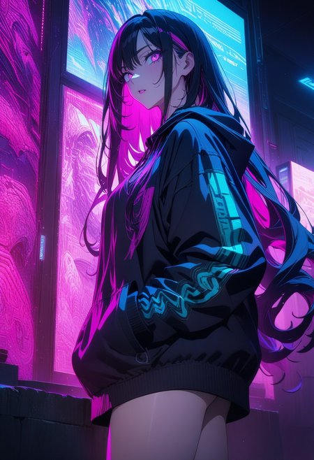 gorgeous lips, (masterpiece), (best quality), (ultra-detailed), very aesthetic, illustration, perfect composition, intricate details, absurdres, detailed face, (anime, masterpiece, intricate:1.3), (best quality, hires textures, high detail:1.2), (4k),(incredibly detailed:1.4) 
 long hair, (two tone hair, cyan:magenta:1.0), legs, hoodie, hands in pocket, neon light, cyberpunk, leaning against wall, looking away from viewer, side shot, beautiful detailed landscape, ,newest, intricate details,perfect anatomy, cyan theme, magenta theme, Japanese pop art style