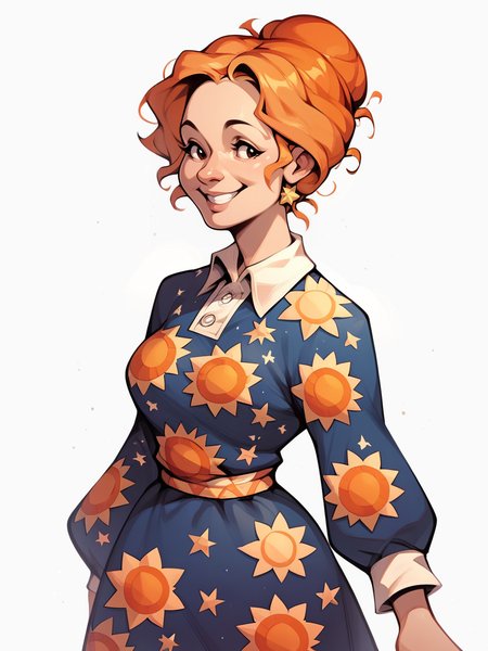 score_9, score_8_up, score_7_up, score_6_up, score_5_up,    <lora:msfrizzleXLP:0.8> ms frizzle, orange hair, 1girl, solo, smile, single hair bun, print dress, curvy, white background,