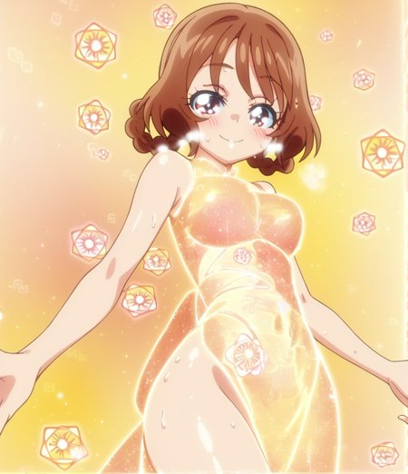 score 9, score 8 up, score 7 up, detailed background, shiny skin, 
<lora:cureyumyum.pony:1>,
hanaran, transform, 
 half-closed eyes, seductive smile, heavy blush, heavy breathing, sweat, 
large breasts, wide hips, pantyshot,