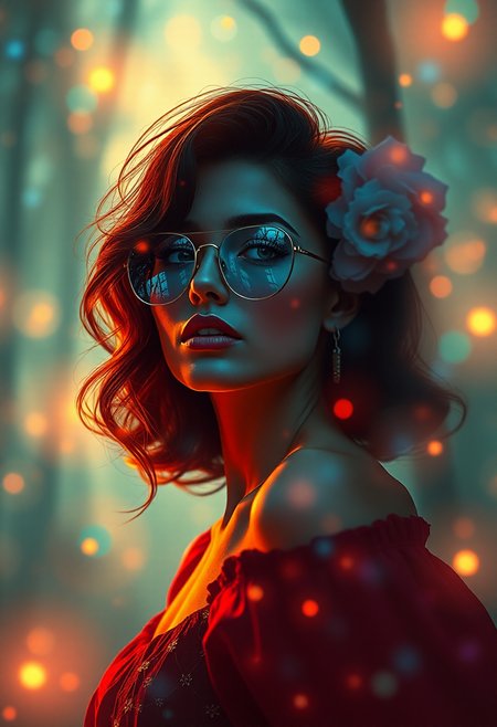 Woman, Retro illustration style, nostalgic and vintage aesthetics, inspired by design elements from past decades, evokes a sense of nostalgia and charm Prismatic Abstraction art style, features abstract compositions with a focus on light and color refraction, creating vibrant, prismatic effects and dynamic, multifaceted shapes, fine art photography, conceptual expression, evocative imagery, artistic interpretation, emotional resonance, creative composition, professional lighting, exquisite detail, immersive experience, storytelling through imagery, conveying mood, unique perspective, thought-provoking concept, capturing beauty, transcending reality, luminous mist rolling through a glowing forest, vibrant light, glowing fog, abstract patterns, mystical atmosphere, surreal nature, ethereal beauty, dynamic contrasts,