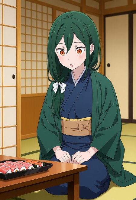 anime screencap, masterpiece, best quality,
<lora:ReZero_CrushKarsten_IlluXL:0.9>,
1girl, solo, blush, :o,
hair over shoulder, hair between eyes, long hair, green hair, orange eyes, hair bow, white bow,
green haori, blue kimono, brown sash,
seiza, looking down, looking at food, full body,
table, food, sashimi, sushi, indoors, shouji, tatami, east asian architecture, photo background, blurry background