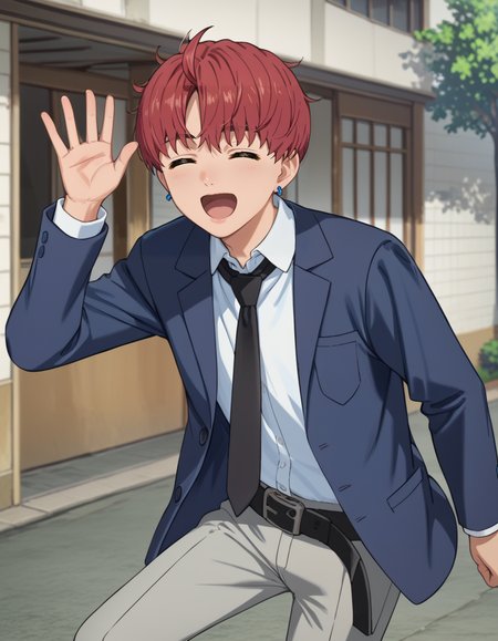 score_9, score_8_up, score_7_up, source_anime, high res image, masterpiece, best quality, BREAK
1boy, solo, pointing at another, blurry background,
jin enjoji (dandadan s1), short hair, red hair, brown eyes, earrings, 
school uniform, blue blazer, white collared shirt, black necktie, long sleeves, belt, gray pants
happy, closed eyes, waving, open mouth,
<lora:jin_enjoji-dandadan_s1_v2-anime-soralz:1>
