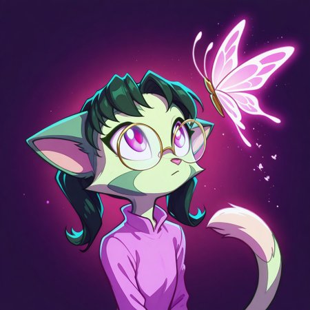 Dreamkeepers,1girl,prelude_lilith,solo,furry,cat tail,green hair, source_furry,glasses,magenta eyes,
masterpiece, child, kid, 
stylized, in soft warm hues, ethereal neon glow,, looking up at a floating  butterfly, dreamy and surreal masterpiece, best quality, amazing quality, very aesthetic, absurdres, detailed eyes, newest,